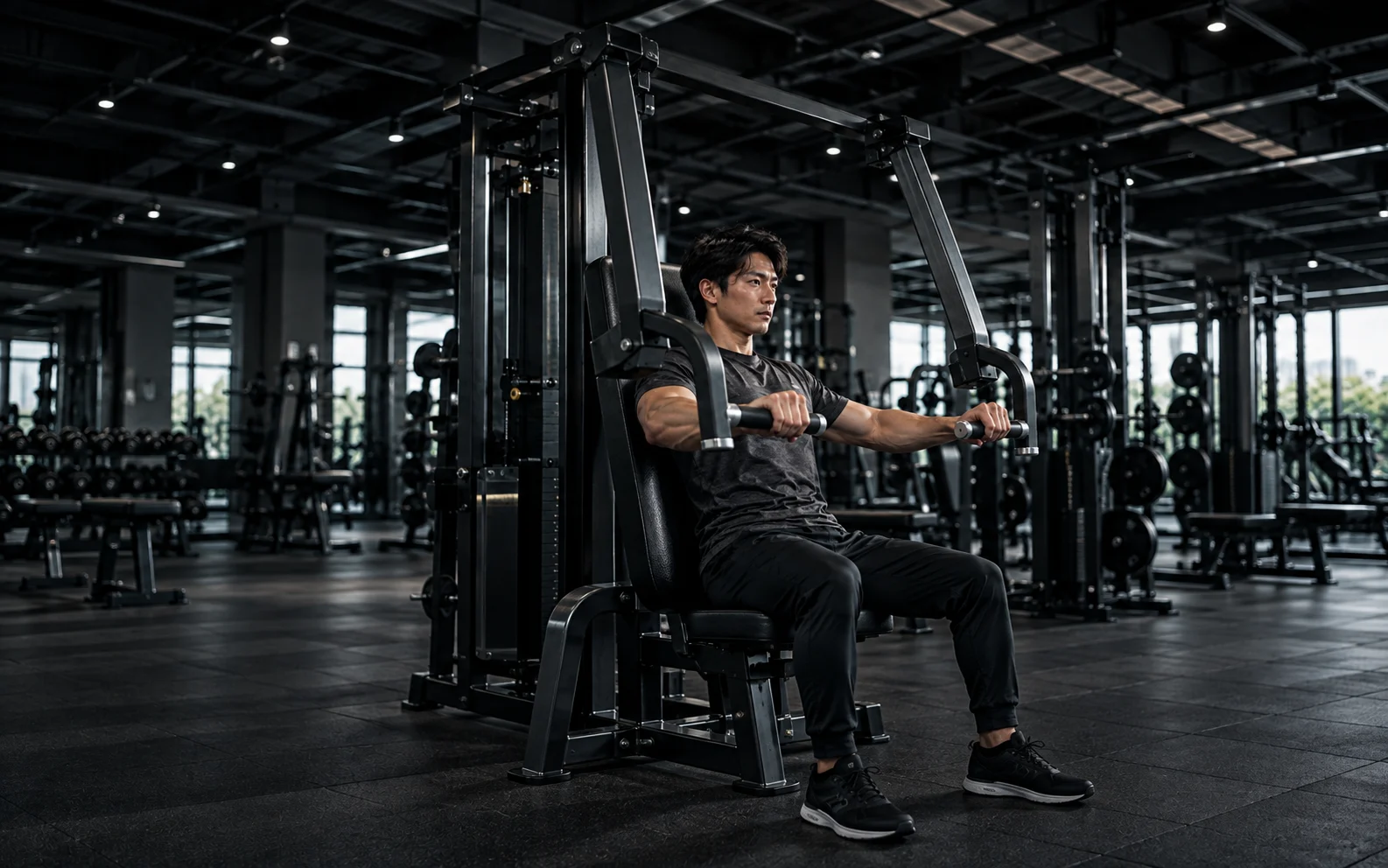 プレスマシンでトレーニングする男性